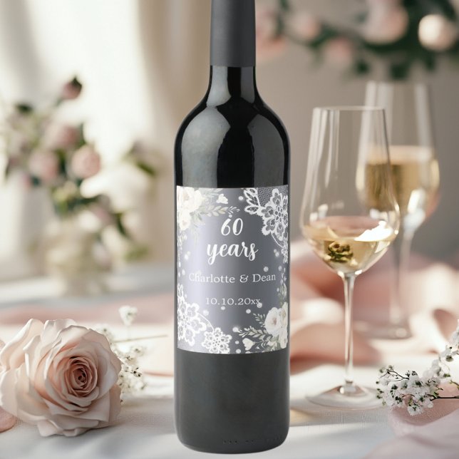 Étiquette Pour Bouteilles De Vin 60e anniversaire du mariage diamants floraux d'arg (Créateur téléchargé)