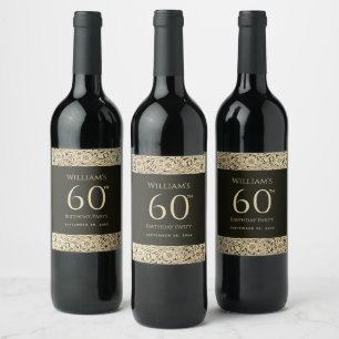 Étiquette Pour Bouteilles De Vin 60e Anniversaire Élégant Noir Or Fleurs Vintage
