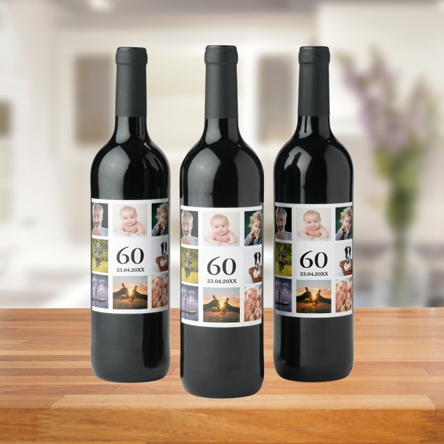 Étiquette Pour Bouteilles De Vin 60e anniversaire fête photo collage mec (Créateur téléchargé)
