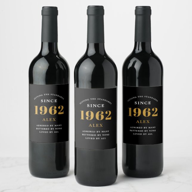 Étiquette Pour Bouteilles De Vin 60e anniversaire Nom 1962 Black Gold Elegant Chic (Bouteilles)