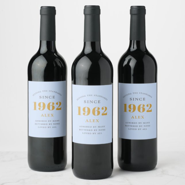 Étiquette Pour Bouteilles De Vin 60e anniversaire Nom 1962 Blue Grey Elegant Chic (Bouteilles)
