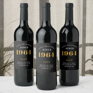 Étiquette Pour Bouteilles De Vin 60e anniversaire Nom 1964 Black Gold Elegant Chic