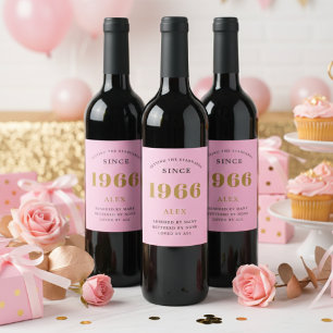 Étiquette Pour Bouteilles De Vin 60e anniversaire Nom 1966 Pink Gold Elegant Chic