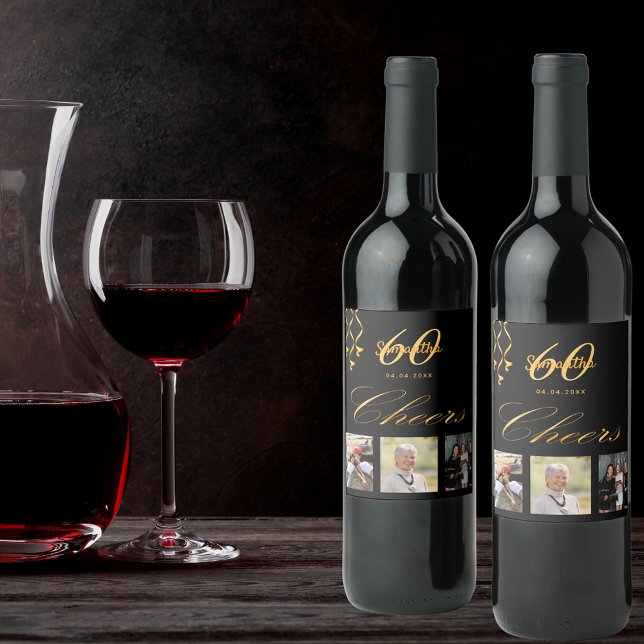 Étiquette Pour Bouteilles De Vin 60e anniversaire photo noir or chéri script (Créateur téléchargé)