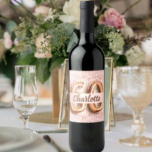 Étiquette Pour Bouteilles De Vin 60e anniversaire rose or parties scintillant monog