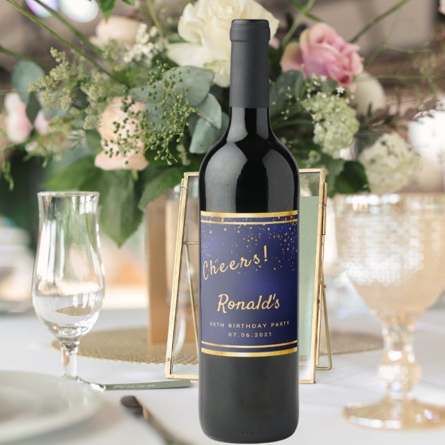 Étiquette Pour Bouteilles De Vin 60e fête d'anniversaire sombre marine bleu or appl (Créateur téléchargé)