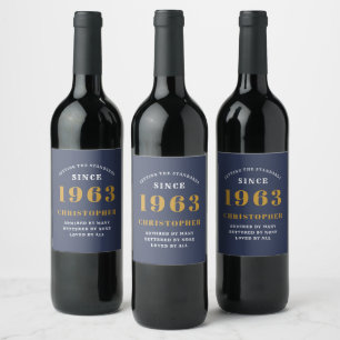 Étiquette Pour Bouteilles De Vin 60th Birthday Born 1963 Ajouter Nom Blue Gold