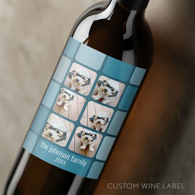Étiquette Pour Bouteilles De Vin 6 Collage photo avec Blues Retro Nom de police (Custom Wine Bottle Label - Personalize a Sticker for a fun gift or memento)