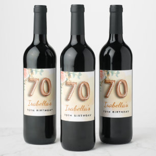 Étiquette Pour Bouteilles De Vin 70e anniversaire floral rose or eucalyptus monogra