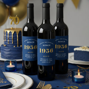 Étiquette Pour Bouteilles De Vin 70e anniversaire Nom 1956 Blue Gold Elegant Chic