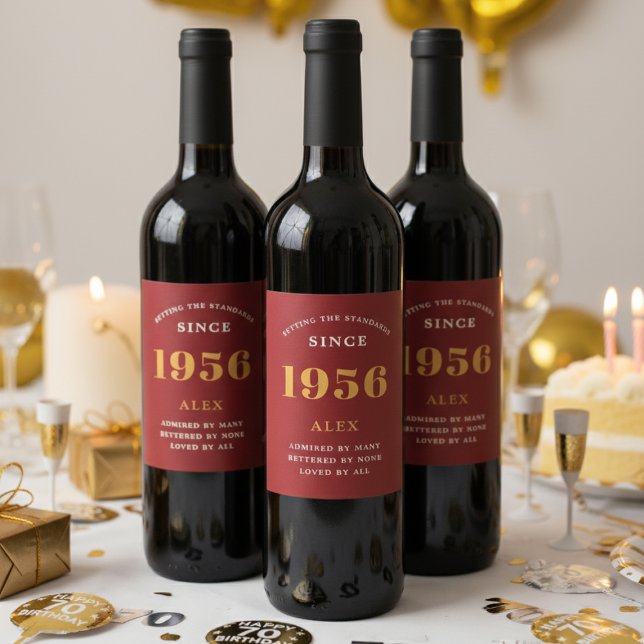 Étiquette Pour Bouteilles De Vin 70e anniversaire Nom 1956 Rouge or élégant chic (70th birthday Personalized wine bottle labels)