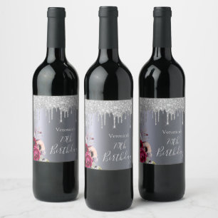Étiquette Pour Bouteilles De Vin 70th birthday party silver glitter drips floral