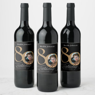Étiquette Pour Bouteilles De Vin 80e anniversaire Black Gold Calligraphy Photo pers