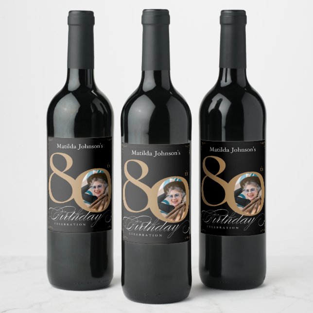 Étiquette Pour Bouteilles De Vin 80e anniversaire Black Gold Calligraphy Photo pers (Bouteilles)