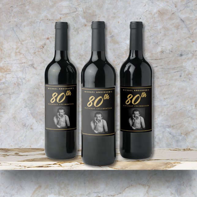 Étiquette Pour Bouteilles De Vin 80e anniversaire Elégante photo Black Gold Wine Ét (80th Birthday Elegant Photo Black and Gold Wine Label with Faux Gold Leaf, Name, Photo.)