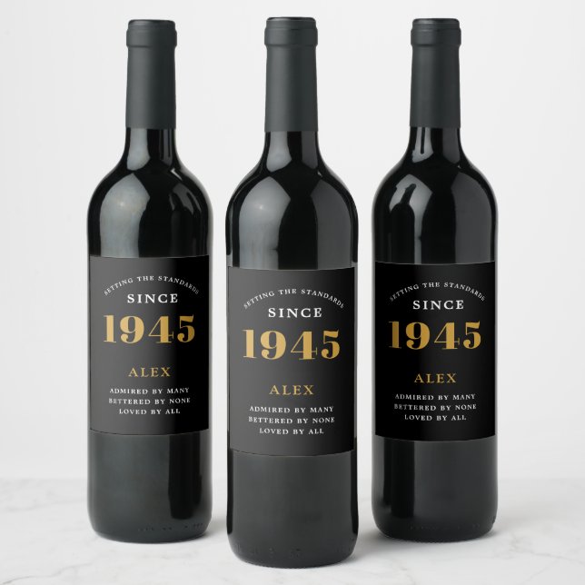 Étiquette Pour Bouteilles De Vin 80e anniversaire Nom 1945 Black Gold Elegant Chic (Bouteilles)