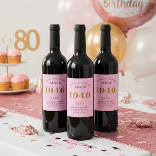 Étiquette Pour Bouteilles De Vin 80e anniversaire Nom 1946 Pink Gold Elegant Chic