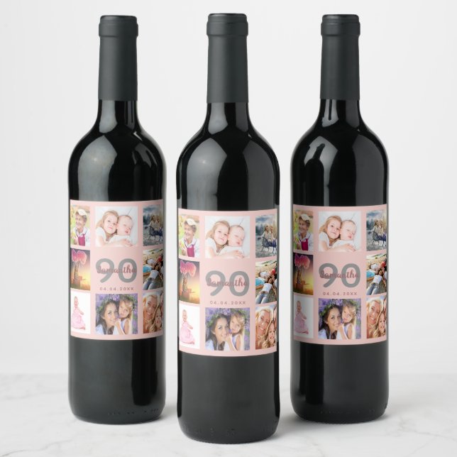 Étiquette Pour Bouteilles De Vin 90e anniversaire blush rose or nom photo (Bouteilles)