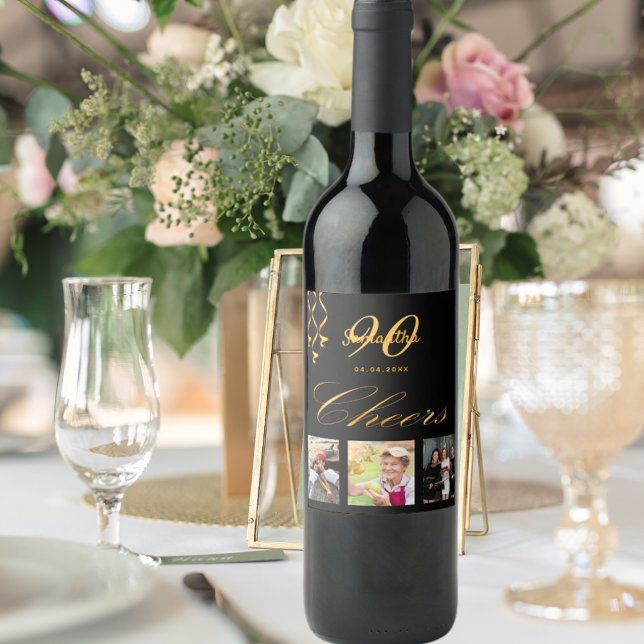 Étiquette Pour Bouteilles De Vin 90e anniversaire photo noir or chéri script (Créateur téléchargé)