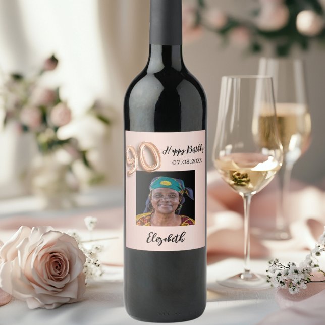 Étiquette Pour Bouteilles De Vin 90e anniversaire rose or rose photo (Créateur téléchargé)