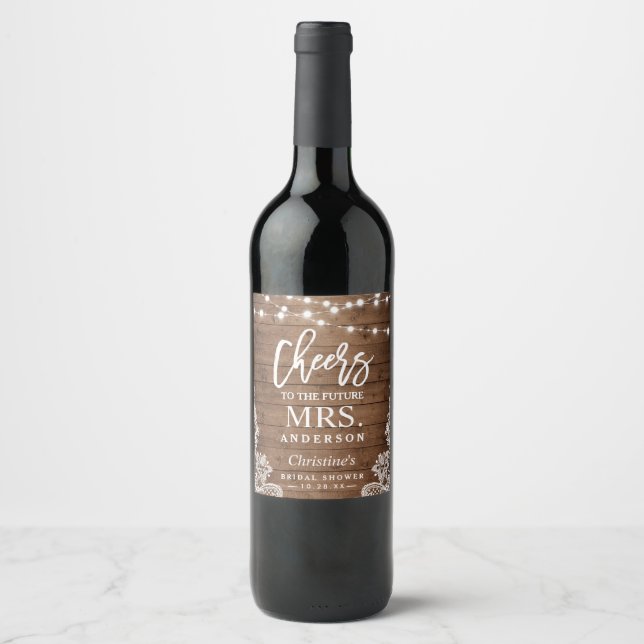 Étiquette Pour Bouteilles De Vin À la future Mme Rustic Wood String Lights (Devant)