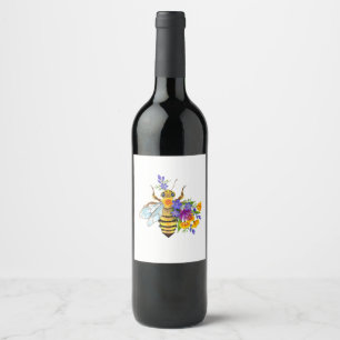 Étiquette Pour Bouteilles De Vin Abeille à fleurs avec plantes sauvages