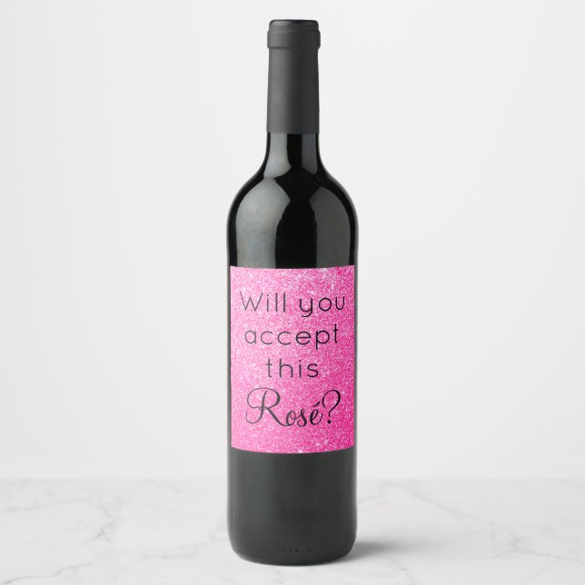 Étiquette Pour Bouteilles De Vin Accepterez-vous cette Rosé rose vif paillettes sci (Devant)
