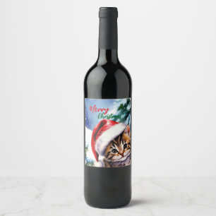 Étiquette Pour Bouteilles De Vin adorable chaton blanc d'hiver Joyeux Noël