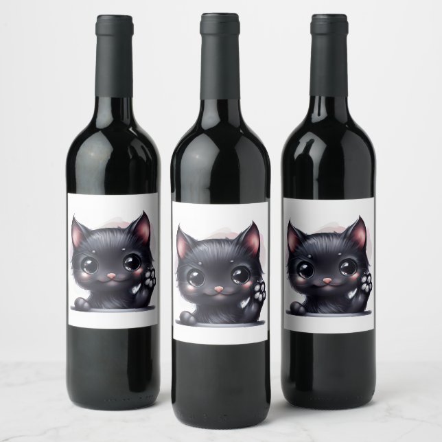 Étiquette Pour Bouteilles De Vin Adorable Kawaii Chat noir (Bouteilles)
