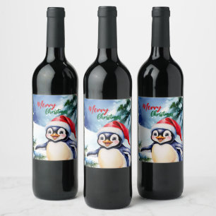 Étiquette Pour Bouteilles De Vin adorable manchot blanc d'hiver Joyeux Noël