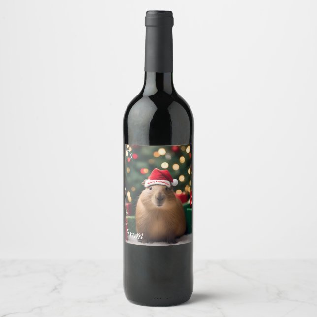 Étiquette Pour Bouteilles De Vin Adorable Noël Capybara, (Devant)