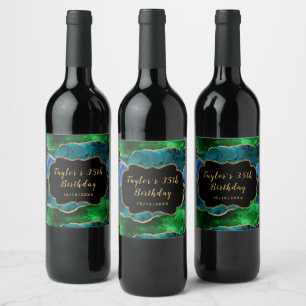 Étiquette Pour Bouteilles De Vin Agate de paon bleu et vert Anniversaire