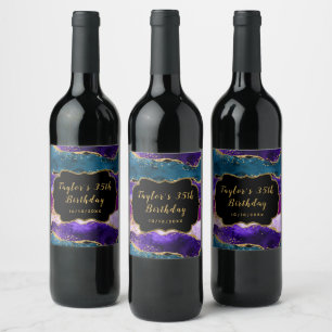 Étiquette Pour Bouteilles De Vin Agate de paon pourpre et bleu Anniversaire