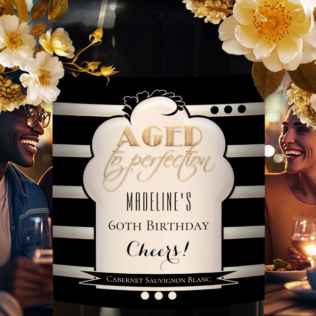 Étiquette Pour Bouteilles De Vin Âgé à la perfection Anniversaire Vin Étiquette (An elegant art deco and Gatsby style inspired wine label with a stylized "Aged to perfection" image)