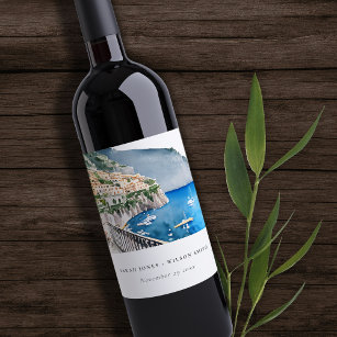 Étiquette Pour Bouteilles De Vin Amalfi Coast Italie Aquarelle Mariage Paysage