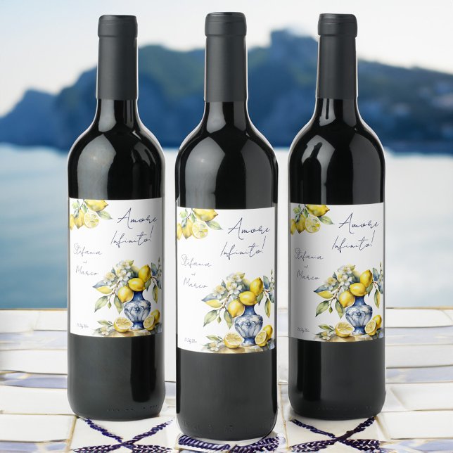 Étiquette Pour Bouteilles De Vin Amalfi italien tuiles bleu citrons mariage (Amalfi Italian blue tiles lemons wedding personalized printed Wine Label blue ceramic vase tableware)