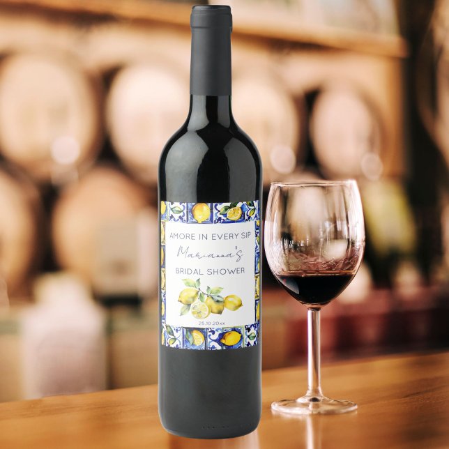 Étiquette Pour Bouteilles De Vin Amalfi Positano tuiles bleues citrons douche nupti (Blue majolica tiles lemons Mediterranean themed bridal shower personalized wine bottle labels)