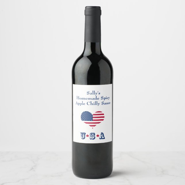 Étiquette Pour Bouteilles De Vin Amérique drapeau américain coeur États-Unis (Devant)