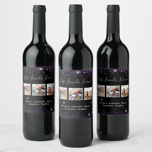 Étiquette Pour Bouteilles De Vin Amis pour toujours paillettes noires violettes (Bouteilles)