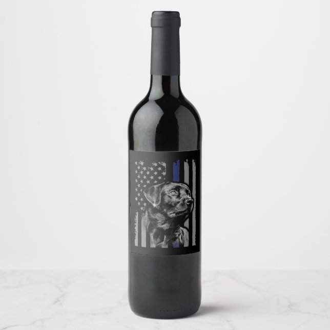 Étiquette Pour Bouteilles De Vin Amoureux des chiens | Black Labrador American Flag (Devant)
