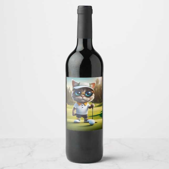 Étiquette Pour Bouteilles De Vin Amusant Animé Cat Golf Player, (Devant)