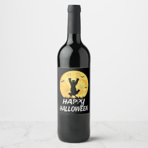 Étiquette Pour Bouteilles De Vin Amusante Lune de chat Noir Joyeux Halloween