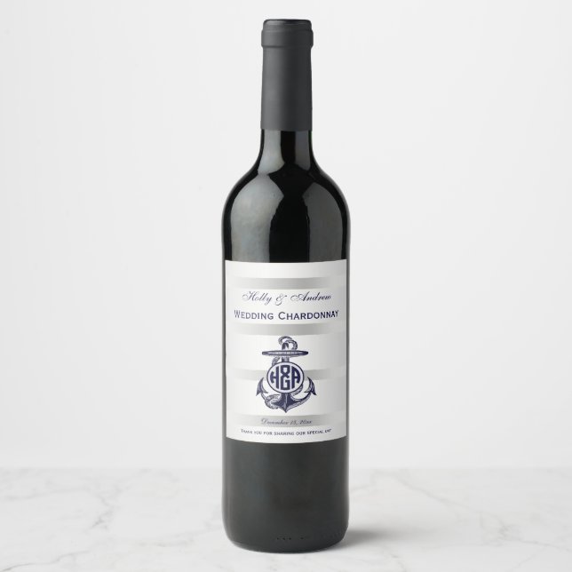 Étiquette Pour Bouteilles De Vin Ancre bleue Argent Blanc Navy Monogramme 33 (Devant)