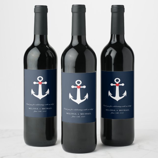 Étiquette Pour Bouteilles De Vin Ancre marine Bleu Nautique Mariage Merci (Bouteilles)