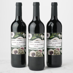 Étiquette Pour Bouteilles De Vin Anémone blanche sur émeraude