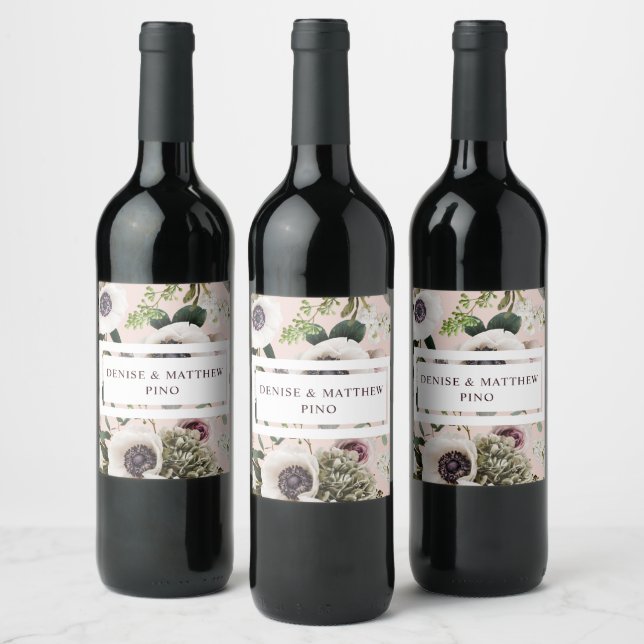 Étiquette Pour Bouteilles De Vin Anémone blanche sur rose blush (Bouteilles)