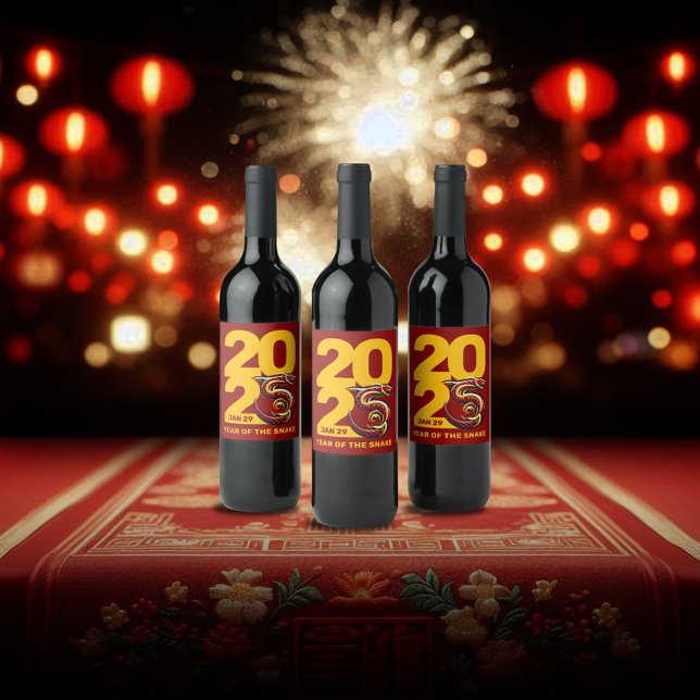 Étiquette Pour Bouteilles De Vin Année rouge or du serpent 2025 (CNY 2025 Trio of Wine Bottles Fireworks Lantern Cover Photo)