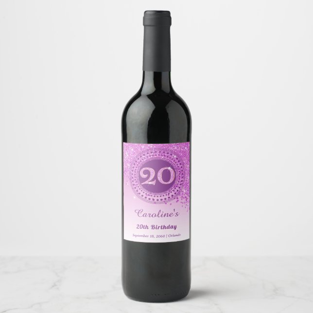 Étiquette Pour Bouteilles De Vin Anniversaire 20 ans élégant avec paillettes roses  (Devant)