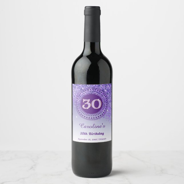 Étiquette Pour Bouteilles De Vin Anniversaire 30 Ans Stylé Paillettes Violettes Tom (Devant)