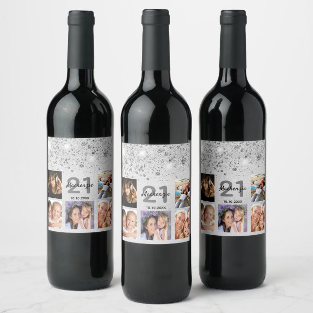 Étiquette Pour Bouteilles De Vin Anniversaire argent parties scintillant nom photo (Bouteilles)